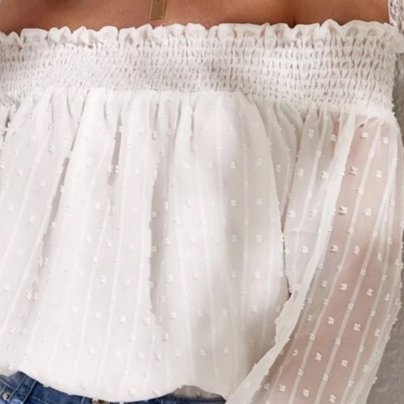 Boho Swiss dot off shoulder Bardot blouse - Picture 2 of 5